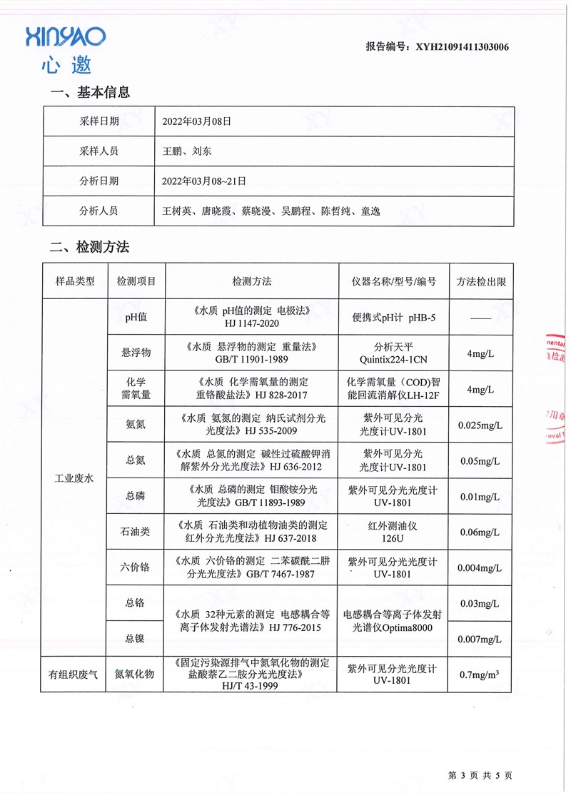 美之高集团之美之顺公司2022年03月份工业废水、有组织废气检测报告3